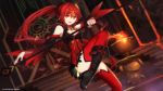  1girl artist_name black_boots boots circlet cleavage_cutout detached_sleeves elsword fire hair_intakes ignia_(elsword) long_hair miniskirt ponytail red_eyes red_legwear redhead skirt smile solo staff swd3e2 thigh-highs 