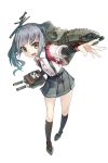  &gt;:o 1girl :o bow brown_eyes dress_shirt full_body grey_hair grey_skirt hair_bow hair_ornament kantai_collection kasumi_(kantai_collection) konishi_(koconatu) long_hair machinery official_art outstretched_arm shirt side_ponytail skirt solo suspenders transparent_background turret 