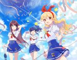  3girls aikatsu! blonde_hair blue_hair blush bow brown_hair camera closed_eyes hair_bow hair_ribbon hairband hoshimiya_ichigo kiriya_aoi long_hair multiple_girls open_mouth petals red_eyes ribbon school_uniform scrunchie shibuki_ran shirakino side_ponytail skirt sky smile streamers umbrella violet_eyes 