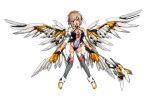  1girl blue_eyes clothed_navel feathers grey_hair hairclip hat mage mecha mecha_musume mechanical_halo mechanical_wings open_mouth original short_hair simple_background smile solo staff swimsuit thighhighs wdy1000 white_background wings 