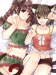  2girls :3 animal_ears ass bare_arms black_hair bow braid breasts cat_ears cat_tail chen cleavage fang highres kaenbyou_rin long_hair looking_at_viewer midriff mimoto_(aszxdfcv) multiple_girls paw_pose redhead short_shorts shorts slit_pupils smile tail touhou twin_braids 