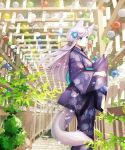  1girl aiha-deko animal_ears blue_eyes bubble flower hair_flower hair_ornament japanese_clothes kimono long_hair open_mouth original plant purple_hair solo tail wind_chime yukata 