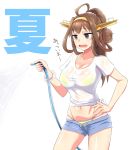  1girl ahoge alternate_hairstyle bikini bikini_under_clothes breasts brown_hair cleavage double_bun hairband hand_on_hip hose kantai_collection kongou_(kantai_collection) large_breasts long_hair midriff open_mouth ponytail remodel_(kantai_collection) scrunchie shigure-p shirt short_shorts shorts solo swimsuit swimsuit_under_clothes translation_request violet_eyes wet wet_clothes wet_shirt wet_t-shirt 