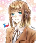  1girl axis_powers_hetalia blue_eyes blush braid brown_hair brown_ribbon collared_shirt czech_flag czech_republic_(hetalia) french_braid highres jun_(junichi) ribbon shirt short_hair smile solo twitter_username 