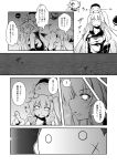  1boy 2girls :d ahoge aircraft_carrier_oni capera carrying comic enemy_aircraft_(kantai_collection) gauntlets highres horns kantai_collection long_hair mittens monochrome multiple_girls northern_ocean_hime one_side_up open_mouth pointing shinkaisei-kan shoulder_carry smile translation_request 