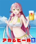  1girl akashi_(kantai_collection) alcohol bandana beer beer_mug bikini blush breasts cleavage commentary_request green_eyes hair_ribbon highres kantai_collection long_hair looking_at_viewer midriff navel open_mouth pink_hair ribbon smile solo swimsuit tress_ribbon twintails v 