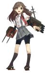  1girl :d arashio_(kantai_collection) arm_warmers bike_shorts black_legwear brown_eyes brown_hair dress_shirt full_body grey_skirt kantai_collection konishi_(koconatu) long_hair machinery official_art open_mouth shirt short_hair shorts_under_skirt skirt smile solo standing suspenders transparent_background 