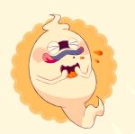  &gt;_&lt; adenade blush closed_eyes eating food food_on_face ghost licking_lips no_humans purple_lips simple_background solo tongue tongue_out whisper_(youkai_watch) youkai youkai_watch 