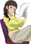 1girl black_hair braid breast_hold breasts brown_eyes character_request crossed_legs ear_studs earrings hair_ornament hairclip huge_breasts jewelry long_hair maru_(maruttona) mouth_hold pants pencil reading segawa_misato shirobako single_braid sitting solo sweater taut_clothes 