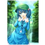  1girl blue_eyes blue_hair catbell hair_bobbles hair_ornament hat kawashiro_nitori key lowres open_mouth solo touhou twintails 