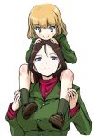  2girls blonde_hair blue_eyes blush breasts brown_hair buttons girls_und_panzer hands_on_another&#039;s_head katyusha large_breasts long_hair long_sleeves looking_at_another looking_down looking_up military military_uniform multiple_girls nonna piggyback short_hair simple_background smile tks_(chikuwa) uniform white_background 