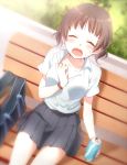  1girl bag bench blush brown_hair closed_eyes collar_tug collarbone dress_shirt female hot iwaoka_(sikabanenomiti_park) lens_flare open_mouth original pleated_skirt school_bag school_uniform shirt short_twintails sitting skirt soda_can solo sweat twintails wavy_mouth wristband 