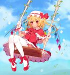  1girl absurdres blonde_hair blush bow capelet dress flandre_scarlet flower gloves hat hat_bow high_heels highres looking_at_another misoni_comi mob_cap red_eyes solo swing thigh-highs touhou vines white_gloves white_legwear wings 