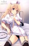  1girl absurdres bed blonde_hair blue_eyes breasts finger_to_mouth garter_straps genderswap hat high_school_dxd highres hospital_bed kiba_yuuto lace lace-trimmed_thighhighs long_hair miyama-zero mole mole_under_eye nurse nurse_cap scan solo syringe thigh-highs tray 