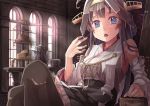  blue_eyes cake crossed_legs food highres kantai_collection kongou_(kantai_collection) light_rays looking_at_viewer nontraditional_miko open_mouth raised_eyebrows saraki sunbeam sunlight teapot thigh-highs windows wooden_chair 
