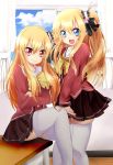  blonde_hair blue_eyes charlotte_(anime) dual_persona long_hair nishimori_misa nishimori_yusa red_eyes school_uniform siblings side_ponytail sisters thigh-highs twins yuki_isuke 