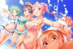  4girls aqua_eyes bikini black_hair bracelet breasts cleavage fang frilled_bikini frills front-tie_bikini front-tie_top green_eyes green_hair hair_bobbles hair_ornament jewelry large_breasts looking_at_viewer multiple_girls navel open_mouth orange_eyes orange_hair original pink_eyes pink_hair polka_dot polka_dot_bikini polka_dot_swimsuit ponytail porurin_(do-desho) side-tie_bikini small_breasts smile swimsuit v water water_droplets wrist_cuffs 