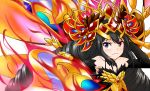  bellezza_felutia black_hair blue_eyes brave_frontier cosplay crossover felutiahime flame highres otoko_no_ko parody red_eyes 