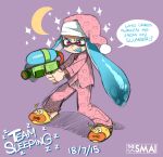  1girl alternate_costume angry artist_name blue_hair crescent_moon domino_mask english fangs hat inkling long_hair moon open_mouth pajamas print_pajamas red_eyes sami_(artist) slippers sparkle splatoon super_soaker tentacle_hair 