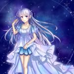  1girl ahoge artist_request blue_dress constellation dress earrings highres jewelry long_hair necklace original purple_hair solo star very_long_hair violet_eyes wristband 