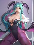  1girl arm_behind_back bare_shoulders bat_print bat_wings breasts capcom cleavage demon_girl elbow_gloves eyeshadow gloves green_eyes green_hair highres leotard lips long_hair looking_at_viewer makeup morrigan_aensland pantyhose print_legwear smjim1986 solo standing succubus vampire_(game) wings 