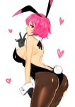  1girl animal_ears apt ass bare_back black_gloves blush breasts brown_legwear bunny_girl bunny_tail bunnysuit detached_collar gloves heart heart_background large_breasts looking_at_viewer looking_back pantyhose pink_hair rabbit_ears red_eyes short_hair solo tail wrist_cuffs 