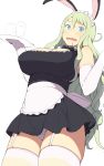  1girl @_@ accho_(macchonburike) animal_ears apron blue_eyes bowtie breasts cleavage detached_collar elbow_gloves embarrassed from_below garter_straps gloves green_hair hair_between_eyes large_breasts long_hair maid_headdress miniskirt open_mouth original panties rabbit_ears sidelocks simple_background skirt solo sweatdrop thigh-highs tray underwear upskirt waist_apron wavy_mouth white_background white_gloves white_legwear white_panties 