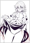  1girl arm_warmers blush breasts curtsey large_breasts mizuhashi_parsee monochrome ootsuki_wataru pointy_ears short_hair sketch skirt skirt_lift solo touhou 