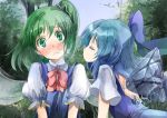  2girls ascot bare_back blowing blue_dress blue_hair blush bow cirno commentary_request daiyousei dress fairy_wings green_eyes green_hair hair_bow ice ice_wings long_hair multiple_girls puffy_short_sleeves puffy_sleeves shirt short_sleeves side_ponytail touhou wings yohane yuri 
