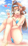  1girl ahoge beach bikini breasts brown_hair cleavage clouds cloudy_sky double_bun hairband heart kantai_collection kongou_(kantai_collection) large_breasts long_hair looking_at_viewer ocean sandals shigure-p sitting sky solo sparkle swimsuit v violet_eyes 