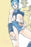  96kuroie araki_hirohiko_(style) blue_eyes blue_hair blue_lipstick braid character_name double_bun from_below halter_top halterneck jojo_no_kimyou_na_bouken kuujou_jolyne lipstick makeup multicolored_hair navel_piercing panties piercing stand_(jojo) stone_free tattoo two-tone_hair underwear wristband 