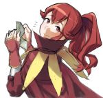  /\/\/\ 1girl anna_(fire_emblem) female fingerless_gloves fire_emblem fire_emblem:_kakusei from_behind gloves holding long_hair looking_back money ponytail popped_collar red_eyes red_gloves redhead shaft_look simple_background smile solo wakai_hiroshi white_background 