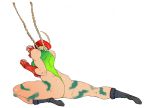  1girl ahoge ass beret blonde_hair bodypaint boots braid cammy_white camouflage combat_boots dimples_of_venus fingerless_gloves flying_kick from_behind full_body gloves hat huge_ahoge kicking kyura_(kyura9een) leotard long_hair solo street_fighter thick_thighs thighs thong_leotard twin_braids 