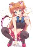  1girl :o animal_ears bell black_legwear blue_bow blue_eyes bow brown_hair cat_ears cat_tail fang houjou_hibiki jingle_bell kemonomimi_mode long_hair midriff navel panther_pink_(precure) paw_pose pink_shoes pink_skirt precure shoes skirt solo squatting suite_precure tail takeya_y0615 thigh-highs two_side_up white_background wrist_cuffs 