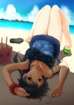  1girl asahi_(ge_nyu) bare_legs beach beach_umbrella black_hair blue_swimsuit breasts hair_between_eyes headband highres kantai_collection large_breasts long_hair one-piece_swimsuit open_mouth polka_dot polka_dot_swimsuit ribbon strap_slip swimsuit upside-down ushio_(kantai_collection) wrist_scrunchie yellow_eyes 