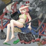  1girl adjustable_wrench akashi_(kantai_collection) apron apron_aside bandana bikini blush breasts flip-flops green_eyes hair_ribbon kantai_collection long_hair nemubusoku pink_hair ribbon sandals screwdriver solo sweat sweatdrop sweating swimsuit toolbox tress_ribbon twintails welding_mask wiping_sweat workshop worktool wrench 