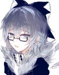  1girl bespectacled black-framed_glasses blue_eyes blue_hair bow cirno ear_piercing glasses hair_bow happytreefriendspikapika highres looking_at_viewer open_mouth piercing semi-rimless_glasses short_hair simple_background solo touhou under-rim_glasses upper_body white_background 