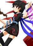  3girls black_dress black_hair black_legwear blush brown_hair dai-erie dress hijiri_byakuren himekaidou_hatate houjuu_nue looking_at_viewer multiple_girls out_of_frame polearm red_eyes short_hair smile snake solo_focus sorcerer&#039;s_sutra_scroll thigh-highs touhou trident weapon 