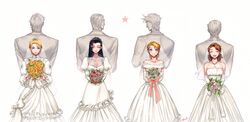  apple_brk artist_name back-to-back black_hair blonde_hair blue_eyes bouquet brown_hair closed_eyes couple dress earrings erina_pendleton flower george_joestar_ii highres jewelry jojo_no_kimyou_na_bouken jonathan_joestar joseph_joestar_(young) kuujou_holly kuujou_sadao lisa_lisa necklace ribbon rose smile strapless_dress suzi_quatro tiara veil wedding_dress white_dress 