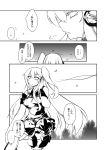  1girl aircraft_carrier_oni capera comic gauntlets headphones highres kantai_collection long_hair monochrome one_side_up shinkaisei-kan solo squatting translation_request 