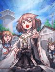  3girls absurdres ahoge bare_shoulders brown_hair cosplay costume_switch detached_sleeves fang folded_ponytail ghost_(gost8643) hair_ornament highres ikazuchi_(kantai_collection) ikazuchi_(kantai_collection)_(cosplay) inazuma_(kantai_collection) japanese_clothes kantai_collection kongou_(kantai_collection) kongou_(kantai_collection)_(cosplay) long_hair multiple_girls nontraditional_miko open_mouth school_uniform serafuku short_hair smile 