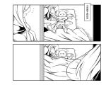  1boy 2girls ^_^ aircraft_carrier_oni capera closed_eyes comic futon kantai_collection long_hair lying monochrome multiple_girls open_mouth shinkaisei-kan sleeping ta-class_battleship translation_request 