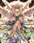  1girl angel_wings beads copyright_name dress flower green_dress green_eyes hands_clasped head_wreath ice_(ice_aptx) knife light_brown_hair long_hair looking_at_viewer solo tenkuu_no_crystalia throwing_knife wings 