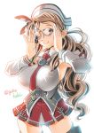  1girl adjusting_glasses anchor armpits bespectacled breasts brown_eyes brown_hair detached_sleeves glasses hat kantai_collection large_breasts littorio_(kantai_collection) long_hair micro_skirt ponytail skirt smile sogabe_toshinori solo white-framed_glasses 