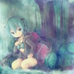  1girl backpack bag bikini bikini_top blue_eyes blue_hair food fruit hair_bobbles hair_ornament hoodie kawashiro_nitori long_sleeves nature no_hat open_mouth partially_submerged sitting solo swimsuit ti_owo touhou tree twintails unzipped water watermelon wet 