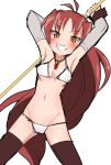  1girl antenna_hair arms_behind_head bikini blush brown_legwear fangs grin groin holding holding_weapon long_hair mahou_shoujo_madoka_magica navel orange_eyes polearm ponytail redhead sakura_kyouko simple_background smile solo soul_gem spear swimsuit thigh-highs wakai_hiroshi weapon white_background white_bikini white_swimsuit 