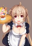  1girl adapted_costume alternate_costume apron black_dress breasts brown_eyes brown_hair cleavage dessert dress food hair_ornament hair_ribbon highres ice_cream kantai_collection kogetsu_azami light_brown_hair long_hair murasame_(kantai_collection) open_mouth ribbon smile tray twintails waist_apron waitress 