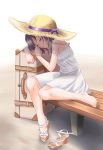  1girl bare_shoulders barefoot bench black_hair closed_eyes dress hat hat_ribbon highres legs ribbon sandals shoes_removed short_hair single_shoe sitting sleeping solo straw_hat suitcase 
