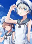  2girls arm_behind_back bare_shoulders blue_eyes blue_sky bottle brown_hair clothes_writing collarbone drinking hat kantai_collection multiple_girls roll_okashi sailor_collar sailor_hat short_hair silver_hair sky sleeveless water water_bottle z1_leberecht_maass_(kantai_collection) z3_max_schultz_(kantai_collection) 