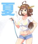  1girl absurdres ahoge bikini bikini_under_clothes breasts brown_hair cleavage double_bun hairband hand_on_hip highres hose kantai_collection kongou_(kantai_collection) large_breasts long_hair midriff open_mouth remodel_(kantai_collection) shigure-p shirt short_shorts shorts solo swimsuit swimsuit_under_clothes translation_request violet_eyes wet wet_clothes wet_shirt wet_t-shirt 